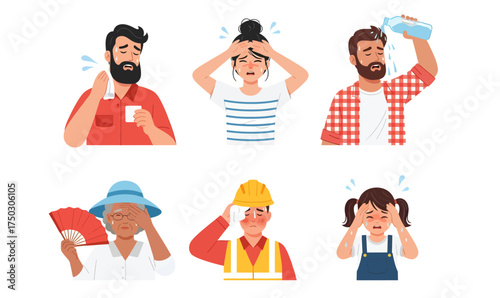 Diverse group of people suffering from hot weather. Climate change and global warming concept