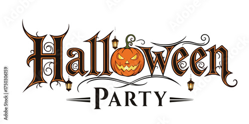 Decorative text announces Halloween Party with a carved pumpkin and vintage flourishes. Perfect for invitations and decorations.