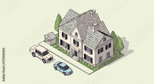 Modern Isometric House Design with Cars