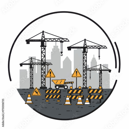 Construction site with cranes and safety equipment.