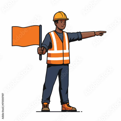 Construction Worker Directing Traffic with Flag and Safety Gear.