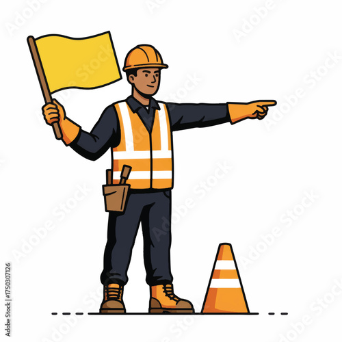 Construction worker directing traffic with safety vest and flag.