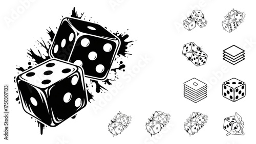 Chance and Strategy: An artistic representation of two dice poised, with a spatter background, and several die faces and the graphic collection for the gaming concept.