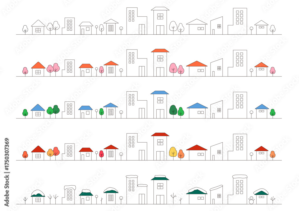 Obraz premium 四季の街並みイラストセット｜春夏秋冬の風景を描いたシンプルでかわいいベクター素材