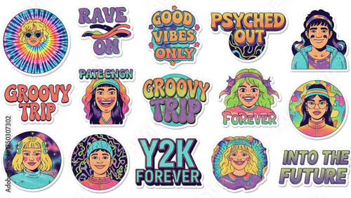 Retro Sticker Set: A collection of vibrant and retro-style stickers exuding an eclectic array of groovy phrases, evoking nostalgia and psychedelic flair.