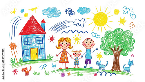 Family's colorful sketch : A colorful childlike drawing depicts the quintessential family, smiling brightly. It symbolizes home, warmth, and togetherness, the foundation of familial love.