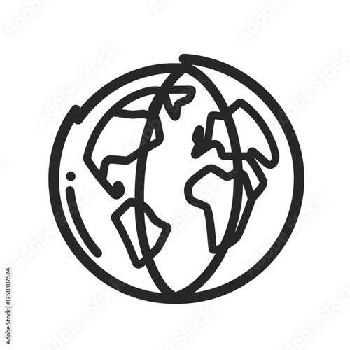 Black outline globe with continents. Sketchstyle earth icon isolated