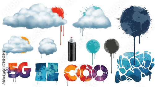 Vivid Aerosol Art: A collection of graphic elements, including clouds, and lettering, captures the essence of street art and digital design. 
