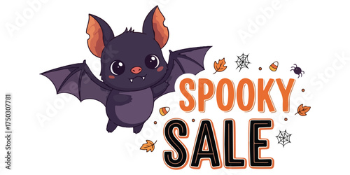 A charming cartoon bat with big eyes and outstretched wings flies next to "Spooky Sale" text adorned with Halloween elements like spiders and leaves.
