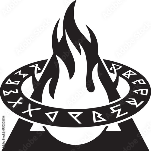 Black and white image of a flame with a ring of runes above a triangular base on a white background