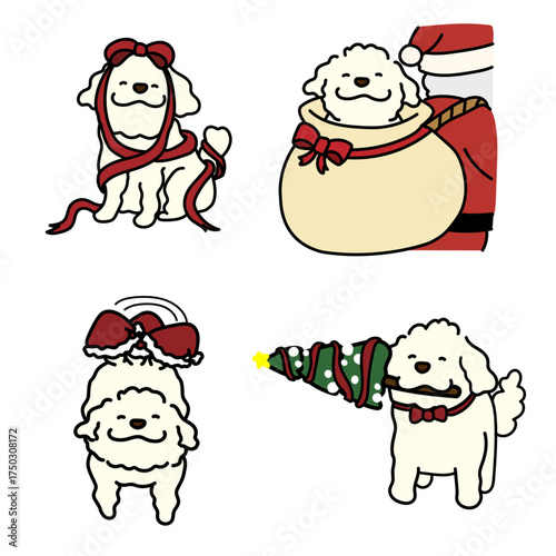 クリスマスを楽しむ犬のイラストセット Set of Cute Christmas Holiday Dog