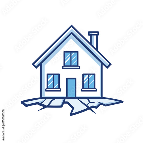 Cartoon House With Cracks Underneath, Isolated On Background, Flat