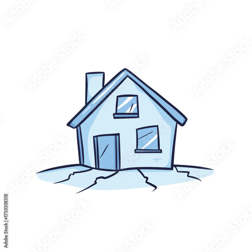 Cartoon Light Blue House with Chimney Sitting on Cracked Earth Isolated