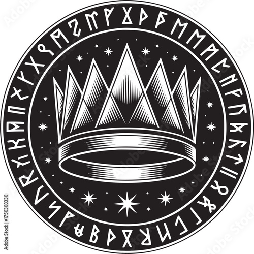 Illustration of a crown with runes and stars inside a circle in black and white design style