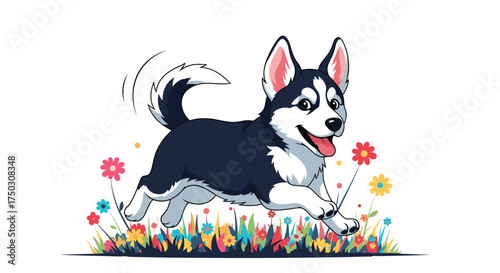 A playful husky corgi mix dog running through a field of colorful wildflowers.