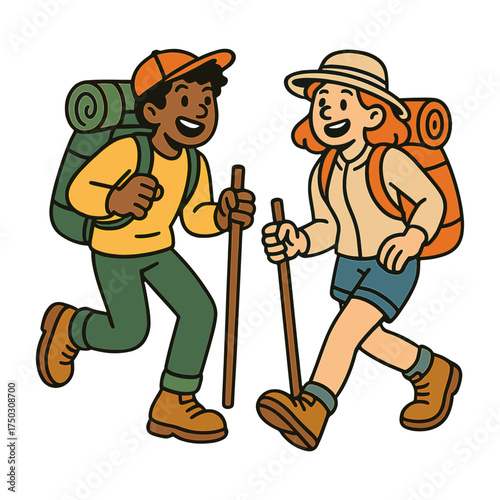 Cartoon hikers with backpacks smiling vector