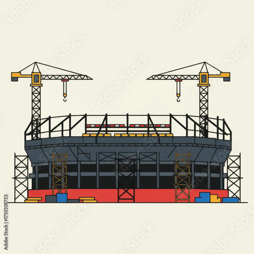 Stadium construction site with cranes and scaffolding.