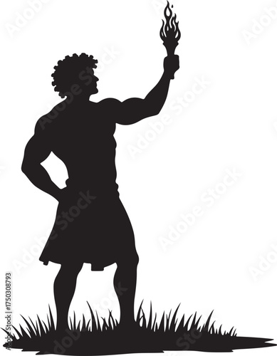 Black silhouette man holding flaming torch on grass