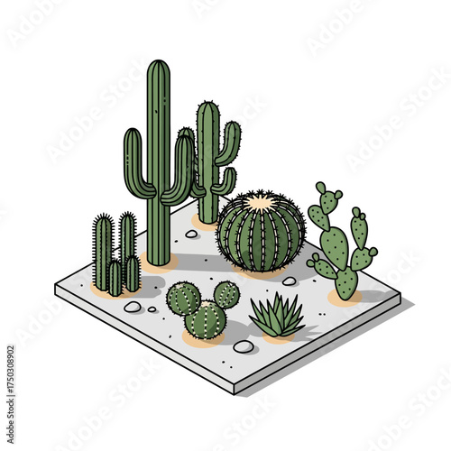 Isometric illustration of a diverse desert garden featuring various types of cacti and succulents on a light-colored square platform.