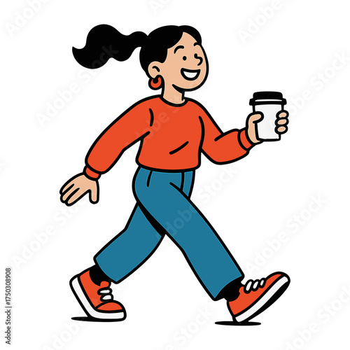 Happy cartoon woman walking coffee vector