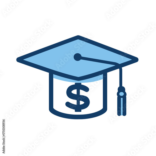 Graduation Cap Icon with Dollar Sign, Flat Design, Light Blue and Navy on White