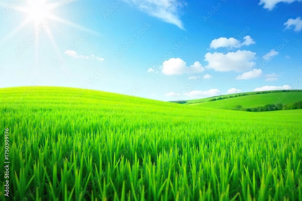 Fototapeta premium Sunlit Green Grass Carpet Stretching to the Horizon A Vibrant Spring Background Image Perfect for Nature, Environmental, and Website Designs