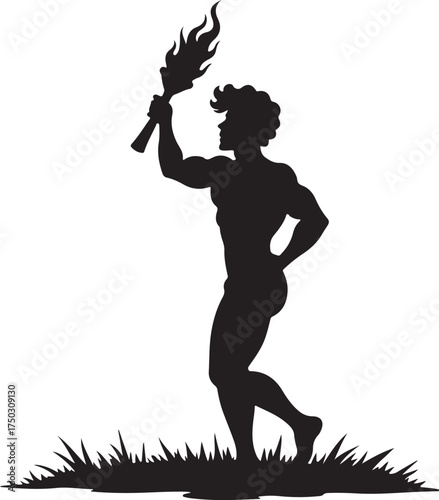 Black silhouette muscular man holding flaming torch in grass
