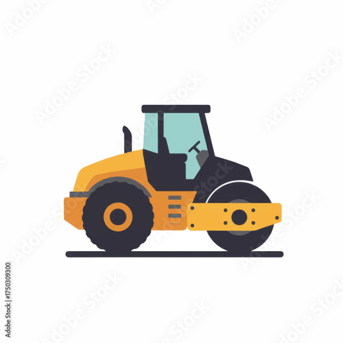 Yellow and Black Road Roller Compactor Construction Equipment on White Background.