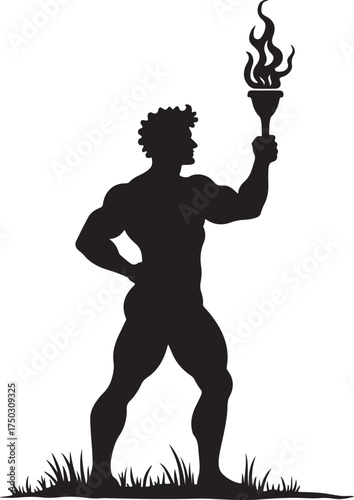 Black silhouette muscular man holding flaming torch in grass
