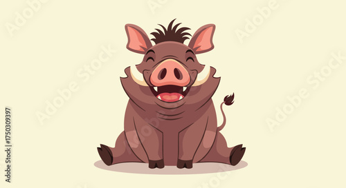 A happy cartoon wild boar with large tusks and a wide smile sitting down.