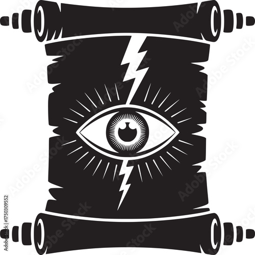 Black and white graphic of a scroll with an eye and lightning bolts in the center of the scroll