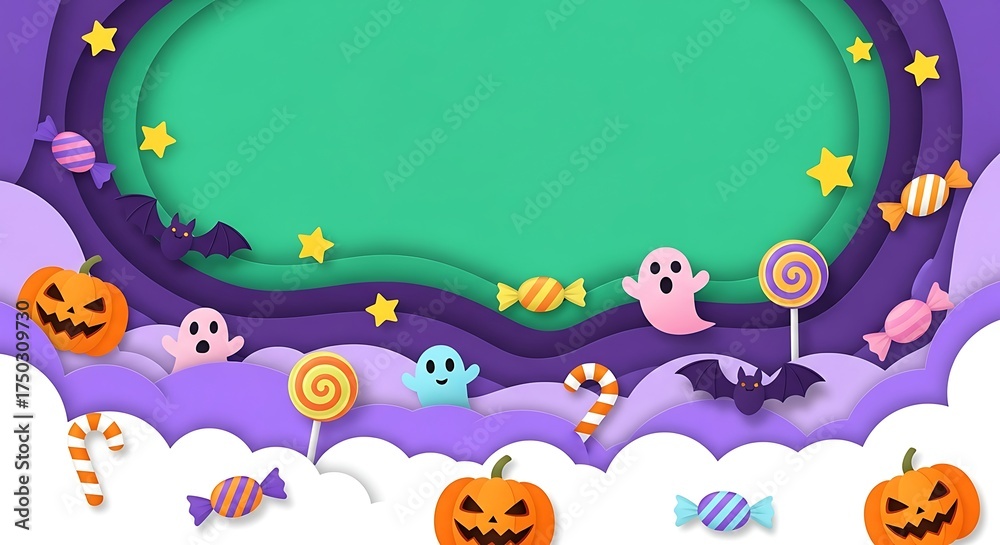Naklejka premium Cute Halloween Background with Pumpkins Ghosts and Candies.