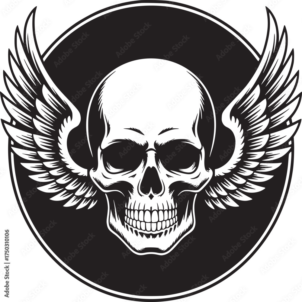 Fototapeta premium Vintage winged skull emblem, black and white biker tattoo design, gothic human skull with wings vector illustration for apparel