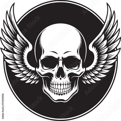 A skull with wings inside a black circle on a white background in a vector illustration style