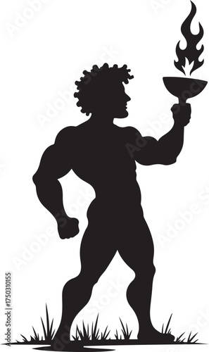Black silhouette muscular man holding flaming torch on grass 