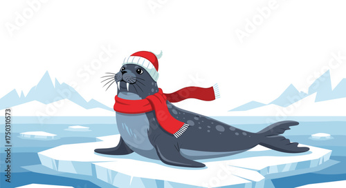 A festive seal enjoys the winter wonderland in its cozy Santa hat and scarf.
