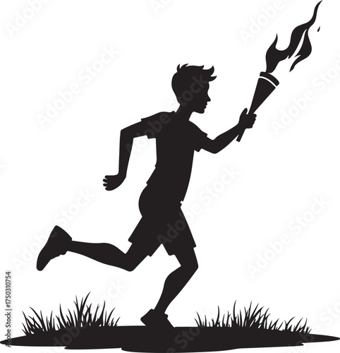 Black silhouette of a boy running with a flaming torch