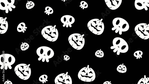 Halloween pattern image with white pumpkins and skulls on a black base. Ideal for haunted house flyers, halloween project, or spooky marketing.