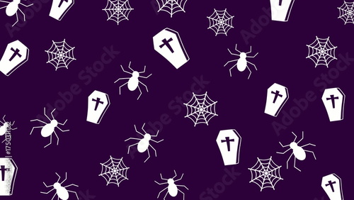 Halloween pattern image with coffins, spiders, and spiderwebs on a purple background, great for spooky themed designs, invitations, posters, and social media.