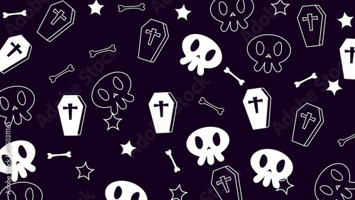 Halloween pattern image featuring white coffins, skulls, stars, and bones on a dark purple background. Perfect for halloweenthemed designs and spooky concepts.