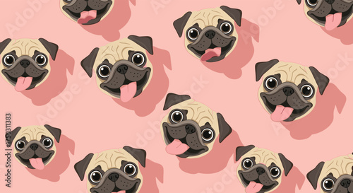 A delightful pattern featuring many adorable pug dog faces on a soft pink background.