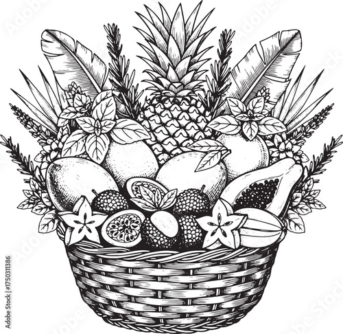 Exotic Harvest Basket: Detailed Vintage Engraving of Tropical Fruit Arrangement