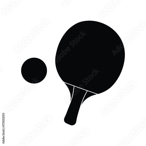 Black Silhouette of Ping Pong Paddle and Ball on White Background table tennis racket