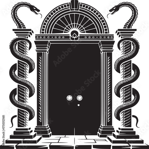 A black and white illustration of an ornate door flanked by columns with snakes coiled around them