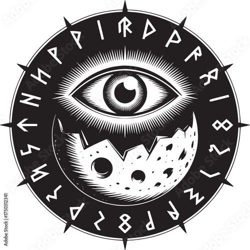 A black and white graphic featuring an eye above a moon with runes around the circle border