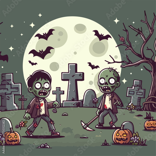 Cartoon illustration of zombies in a graveyard