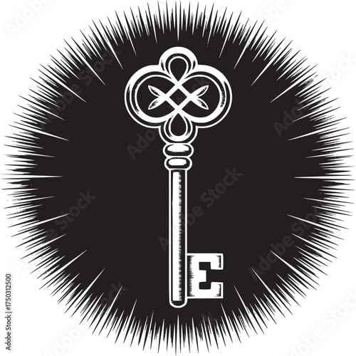 Ornate key illustration on a black burst background with a white border and detailed design elements