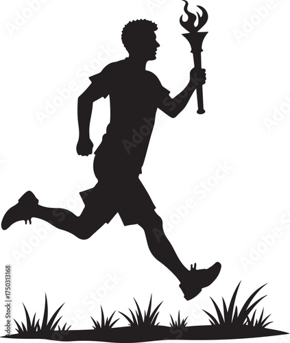 Black silhouette of a man running with a flaming torch