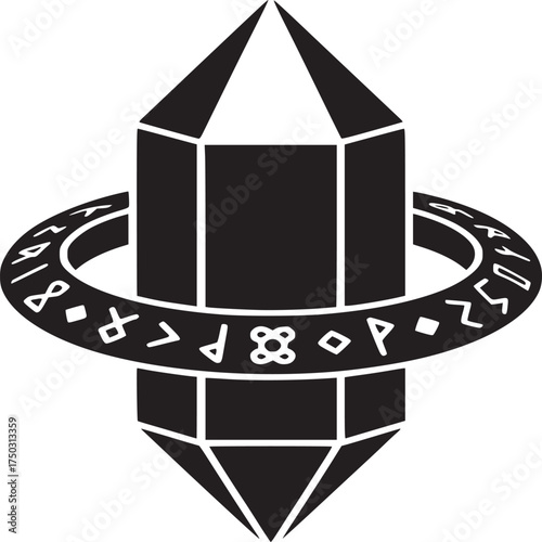 A black crystal with a ring of runes around it on a white background in a graphic design style