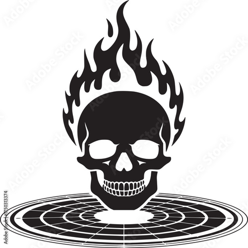 A black and white illustration of a flaming skull over a target with concentric circles design